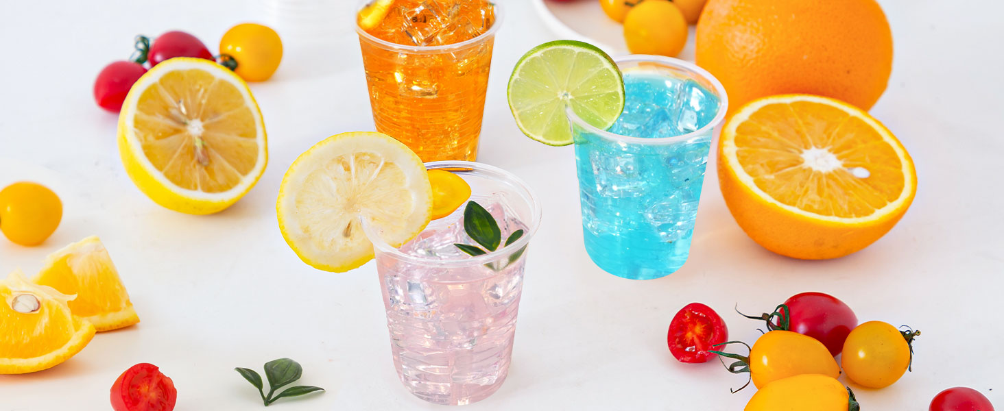clear plastic cups suitable for serving mixed drinks, iced coffee, water, smoothies, iced tea