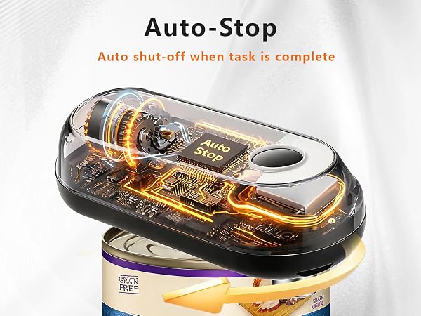 The electric can opener automatically starts opening cans and stops when the lid is fully removed