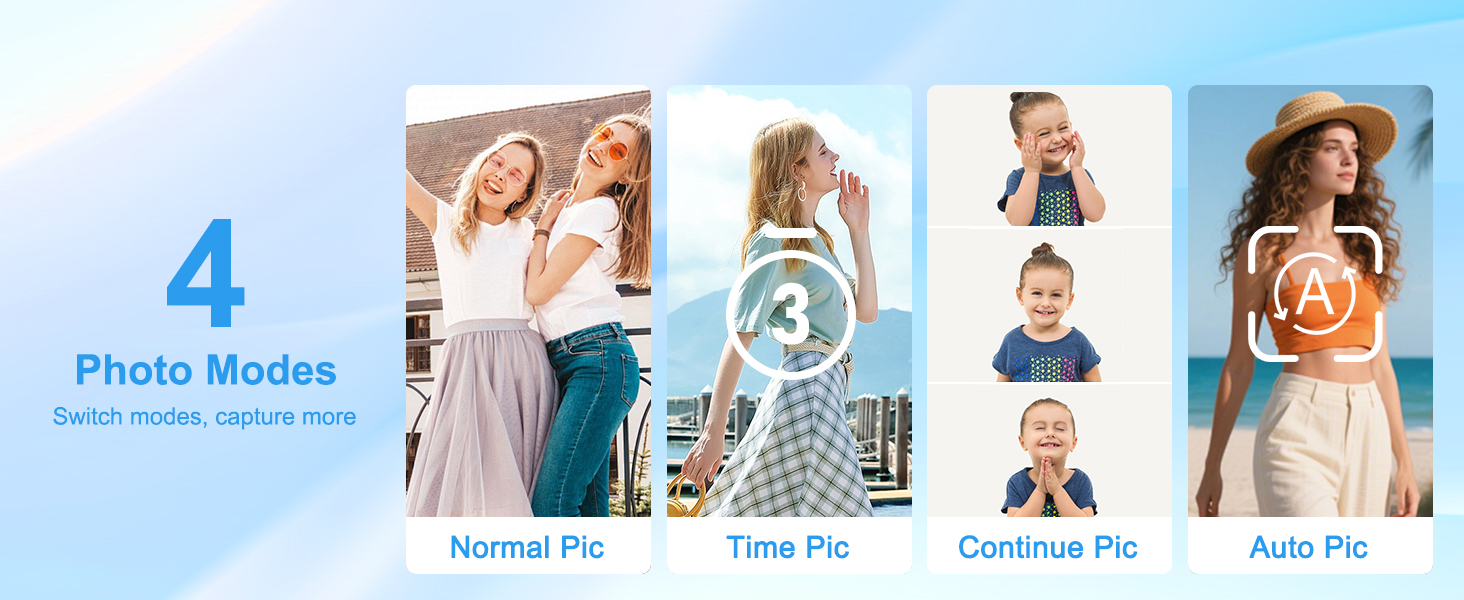 Four photo modes for every scene. Normal, time-lapse, burst, and auto—capture it all.