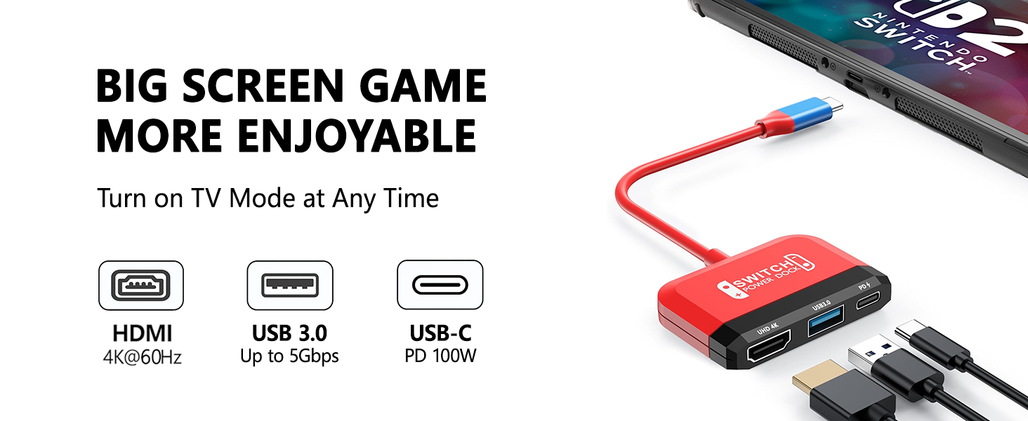 Text reads: 'BIG SCREEN GAME MORE ENJOYABLE'. Product shows red multi-port adapter with HDMI and USB connections. Icons indicate TV Mode compatibility.