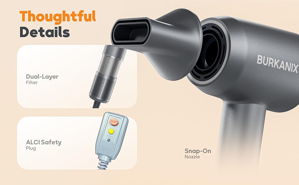BURKANIX hair dryer details: snap-on nozzle, dual-layer filter, ALCI safety plug.