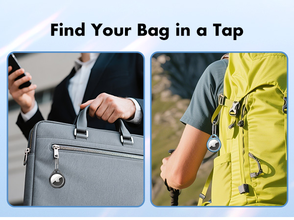 Split image showing a gray business briefcase with metal zipper and tag, and a yellow hiking backpack with attached carabiner, illustrating different bag types.