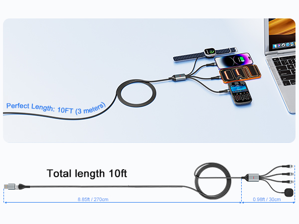 This 10ft 4 in 1 charging cable can be used to charge on the sofa, in bed, or in the living room.