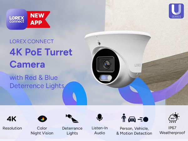 Lorex Connect U3 4K PoE Turret Camera with Red and Blue Deterrence Lights