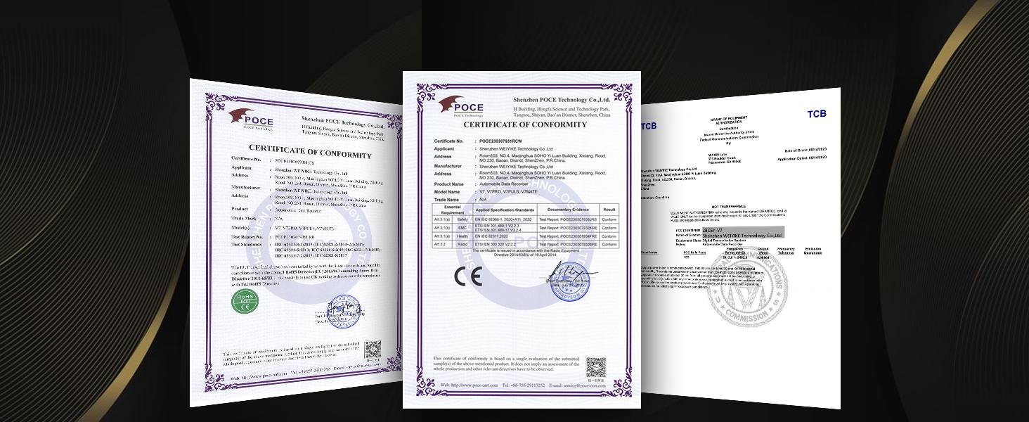 Three official-looking certificates or documents with stamps and signatures, displayed side by side on a dark background.