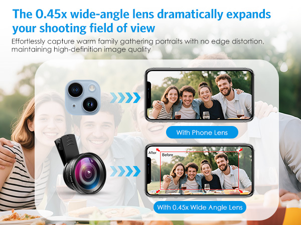 Phone Camera Lens, 0.45X Super Wide Angle Lens 15X Macro Clip-On 2 in 1 Professional iPhone Lens Kit