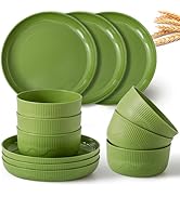 RVXHUA Wheat Straw Plates and Bowls Set, 12PCS Reusable Plastic Dinnerware Set, Microwave and Dis...