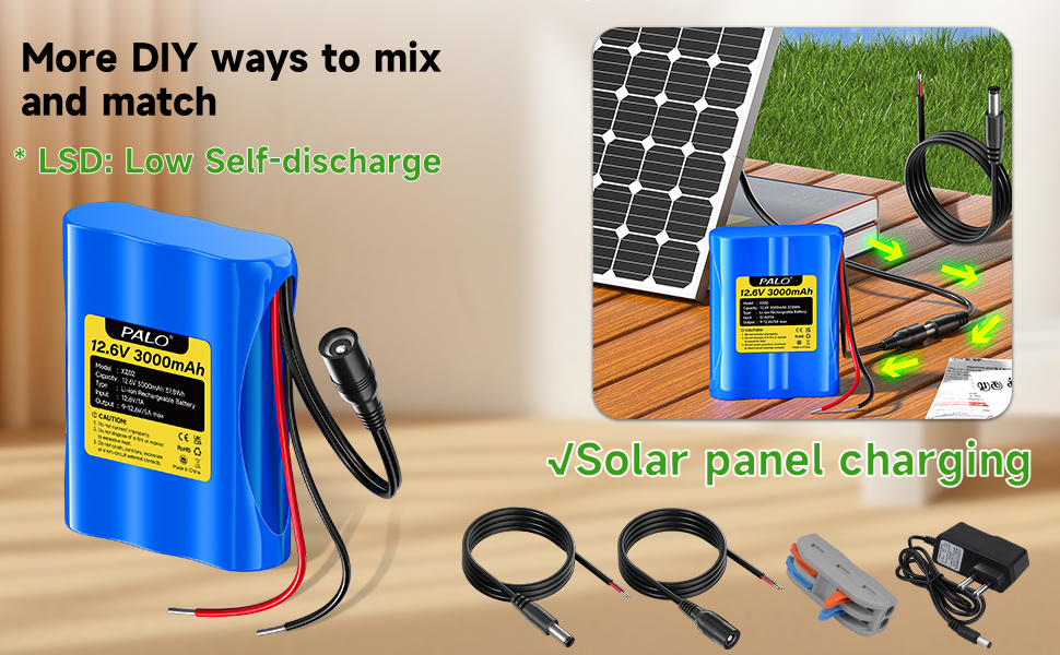 Blue rechargeable battery pack with carabiner clip, shown next to solar panel and charging accessories for outdoor use.
