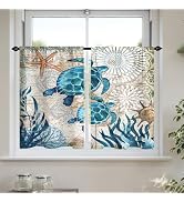 Final Friday Nautical Blue Sea Turtles Beach Short Kitchen Window Curtains Ocean Starfish Half Ba...