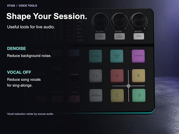 XT320 noise and vocal reduction controls. Vocal reduction varies by audio source.