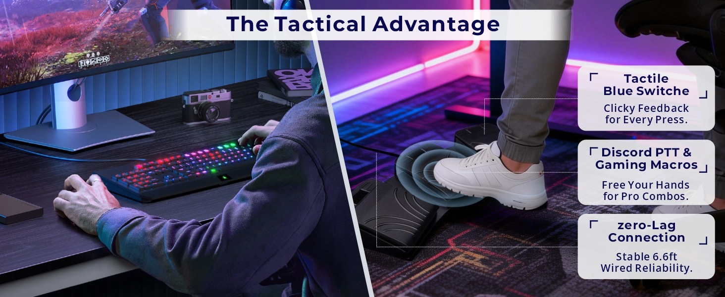 LYRIXEN mechanical foot pedal for gaming, Discord PTT, and custom macro controller.