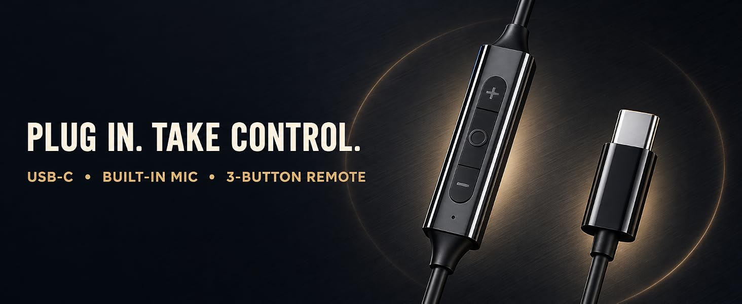 Close-up of the USB-C connector and three-button in-line remote with built-in microphone