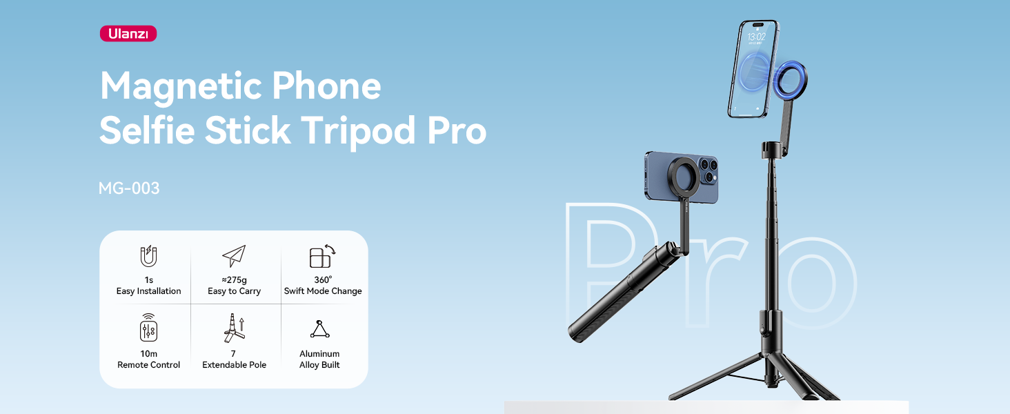 ULANZI 54'' Magnetic Selfie Stick Tripod Pro, All-in-One Phone Tripod w Magnetic Phone Holder 