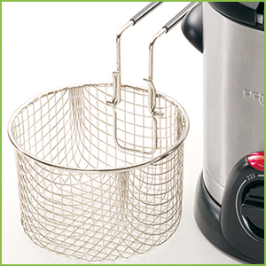 Fry basket handle folds in for easy storage.