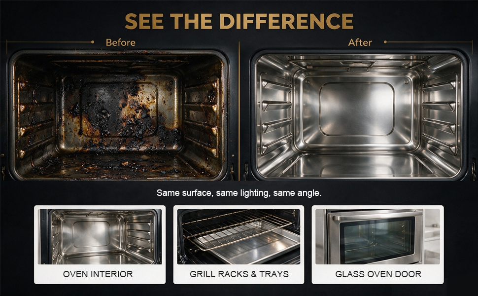 Oven grill foam cleaner removes heavy baked grease, restores clean oven interiors