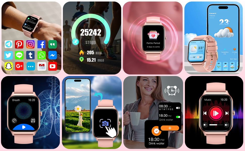 fitness watches for women with pedometer message notification weather breath camera alarm music