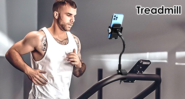 Text reads 'Treadmill'. Shows phone mount attached to exercise equipment with person running in athletic wear