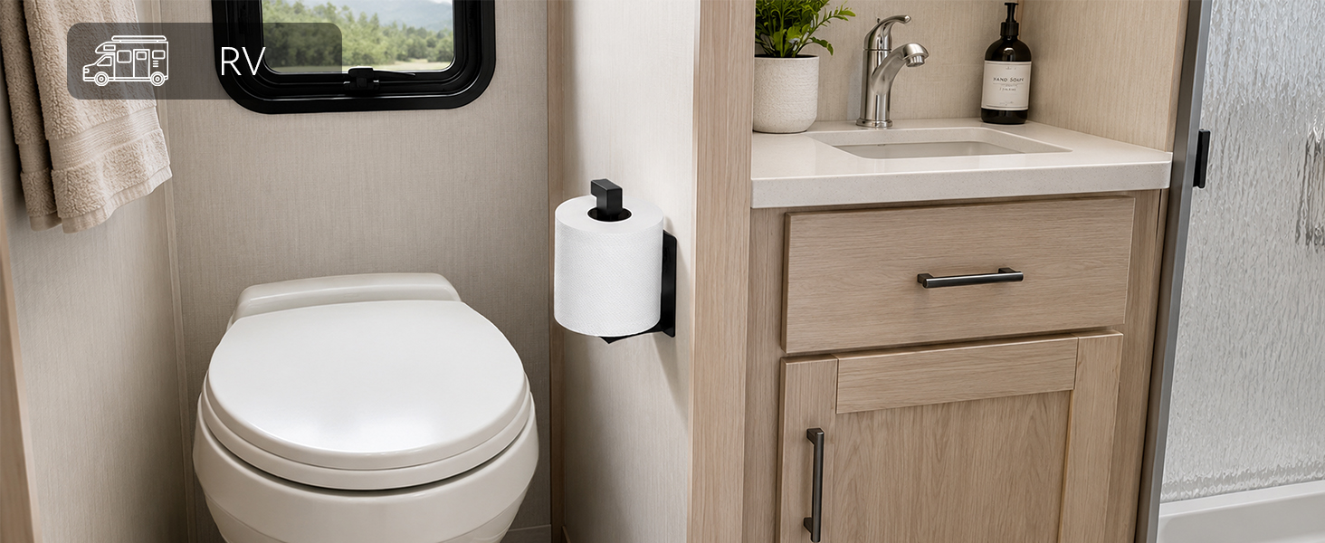 No-drill black toilet paper holder for RV bathroom, camper restroom wall mount beside toilet