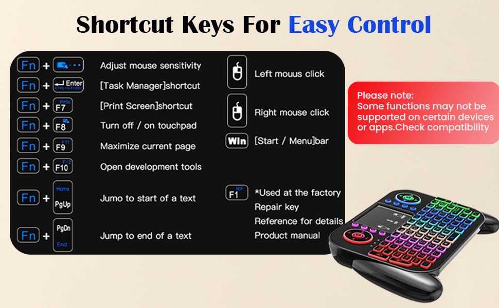 Shortcut keys for easy use