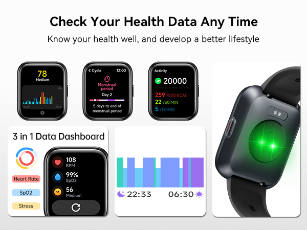Smartwatch with health tracking features. Multiple screens show heart rate, step count, and sleep data. 3-in-1 data dashboard and green sensor light visible.