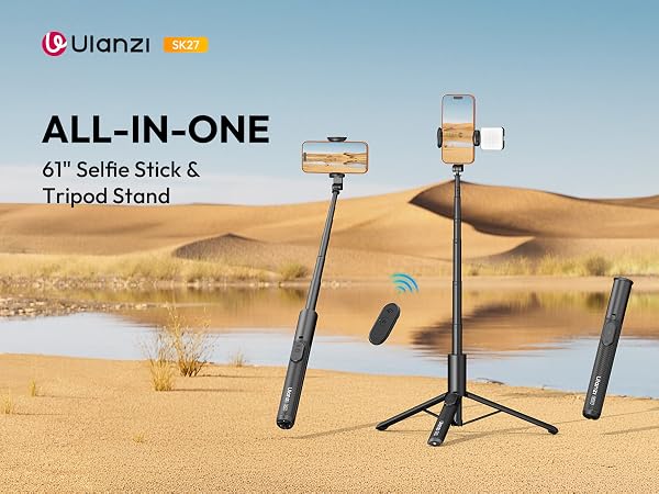 Selfie stick and tripod stand with remote, cold shoe mount allows to add camera light or microphone