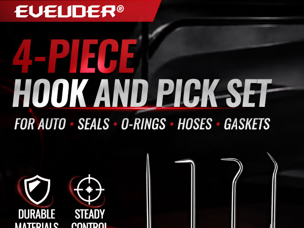 Four-piece hook and pick set with straight and angled tips for seals, O-rings, hoses, and gaskets.