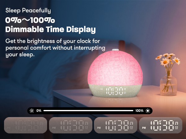 Text reads 'Sleep Peacefully', '0%-100% Dimmable Time Display'. Smart alarm clock with color-changing dome display showing digital time. Multiple brightness settings demonstrated in progression.