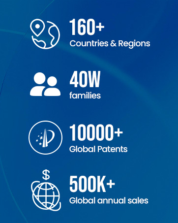 Text reads '160+', '40W families', '10000+ Global reviews', '500K+ Global annual sales'. Blue panels with white icons and text showing company statistics and metrics.