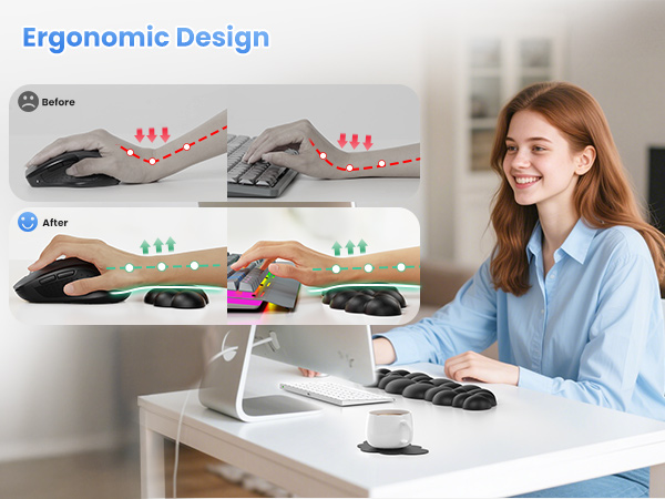 Ergonomic keyboard and mouse set with split design. Diagram shows improved hand posture. Woman using the setup at a desk with laptop and coffee cup.
