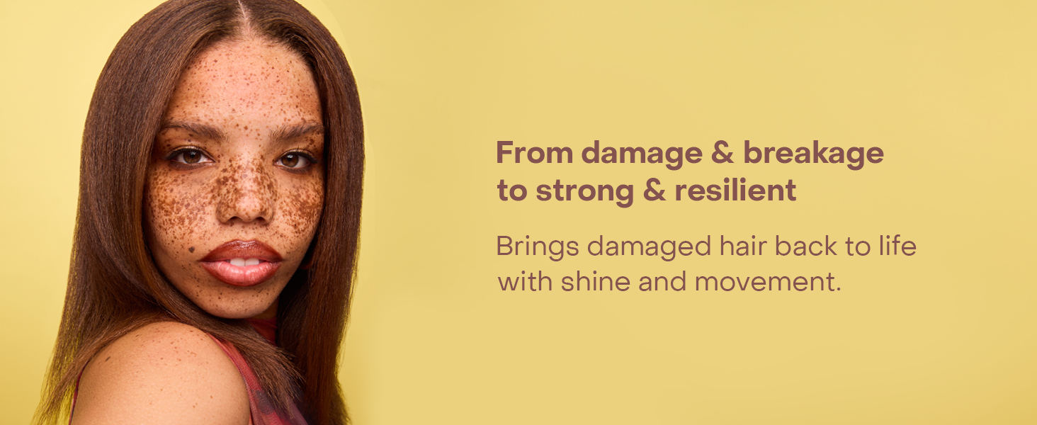 Image of a black woman with freckles &amp;amp; straight hair next to text about strong, resilient hair.