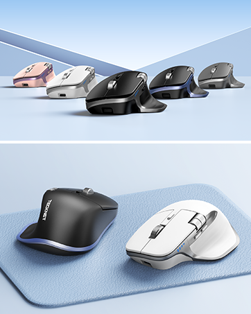 Travel accessories composite: top shows airplane with luggage set; bottom displays black and white computer mice and black travel organizer pouches.
