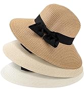 MEINICY 3PCS Sun Hat Beach Straw Hat for Women Wide Brim Foldable Roll up Summer UPF 50+ Hat (Ivo...