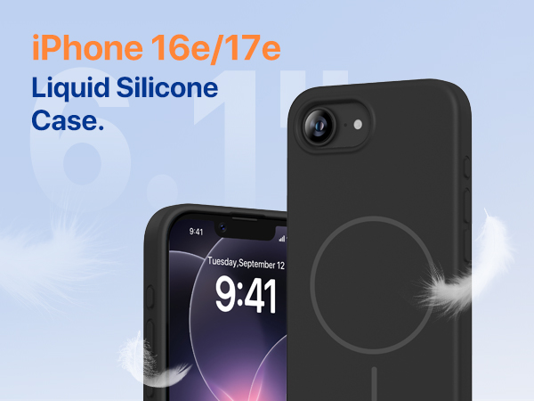 Text reads 'iPhone 16e/17e' and 'Liquid Silicone Case'. Product photo showing black phone case with multiple angles and views against light blue background.