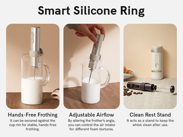 Text reads 'Smart Silicone Ring', 'Hands-Free Frothing', 'Adjustable Airflow', 'Clean Rest Stand'. Series of product demonstration images showing various features of a white device.