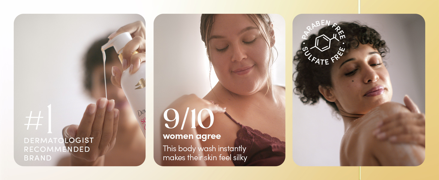 Body wash being smoothed onto a shoulder, with icons indicating that is paraben-free sulfate-free