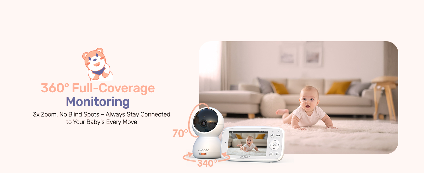 Text reads: '360° Monitoring'. Baby monitor display showing split screen with digital monitor unit and baby playing on floor.