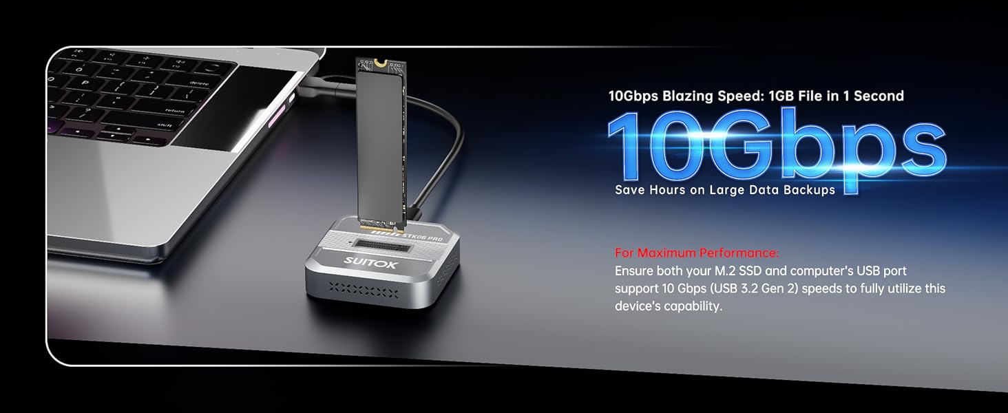 10Gbps high speed M2 to USB C adapter for fast 4K video transfer and large file backup.