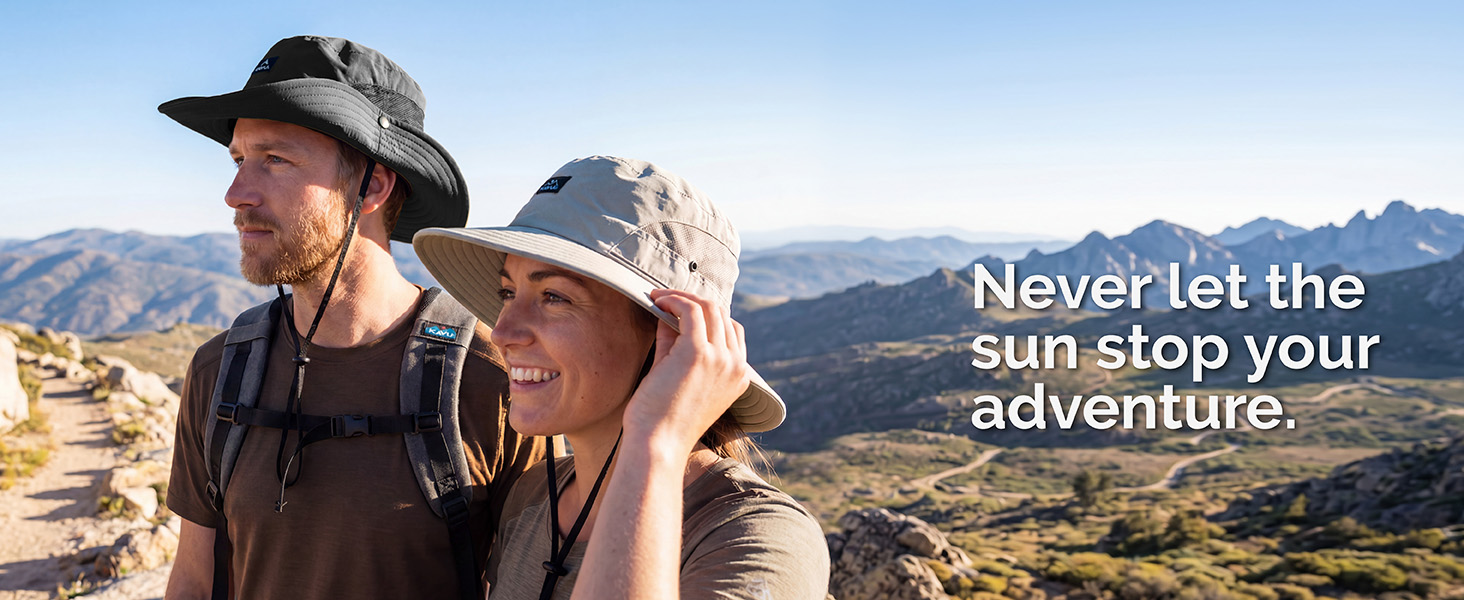 Text reads 'Never let the sun stop your adventure.' Two people wearing cowboy hats in mountainous landscape with valley view behind them.