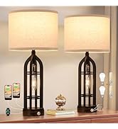 Table Lamp for Living Room - Lamps Set of 2 with USB C+A & Outlet, 3-Way Dimmable Farmhouse Lamps...