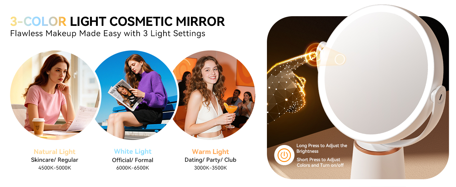 Adjustable 3 color (warm/natural/cool), touch control to switch color and long press for brightness