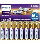 Philips Lithium AA Batteries 16 Pack, 1.5v l91 Lithium Double AA Battery, Up to 291% More Power f...