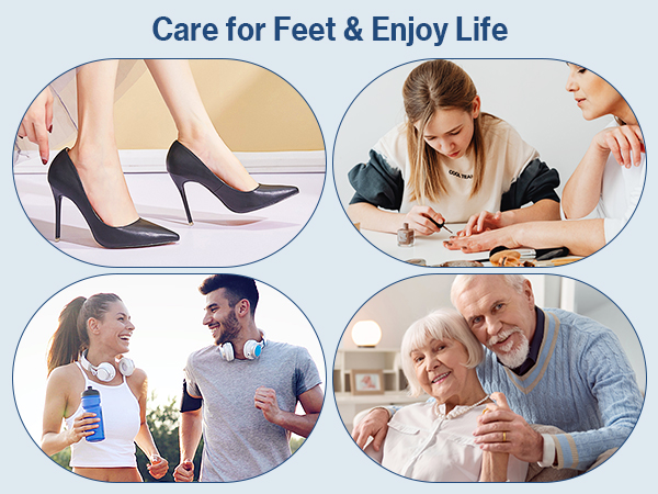 Text reads 'Care for Feet &amp; Enjoy Life'. Promotional banner showing multiple scenes of people wearing and trying on various types of footwear, emphasizing foot care and comfort.