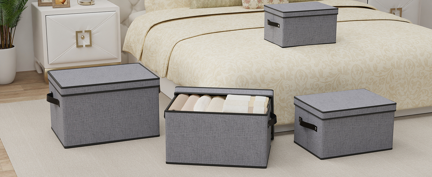 Multiple views of gray fabric storage boxes arranged in different configurations, showing their versatility as organizing solutions.