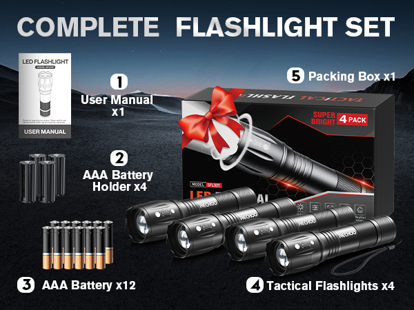 4* LED Tactical Flashlight / 4* AAA Battery Holder/ 12*AAA Batteries / 1*User Manual
