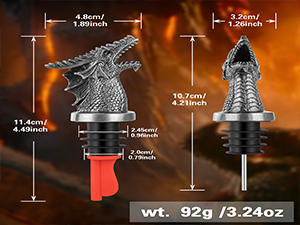 Two dragon-shaped wine bottle stoppers with detailed measurements shown. Features metallic finish and red accent, weighing 92g/3.24oz.