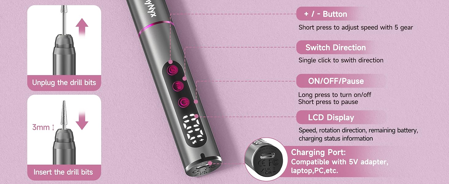 LCD screen shows speed, rotation direction, and battery level. Easily adjust settings