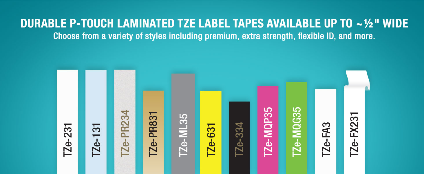 Durable P-touch Laminated TZe Label Tapes 12mm wide: premium, extra strength, flexible ID and more