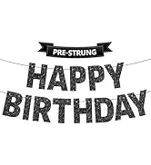 Pre-Strung Happy Birthday Banner - NO DIY - Black Glitter Birthday Party Decorations for Men Wome...