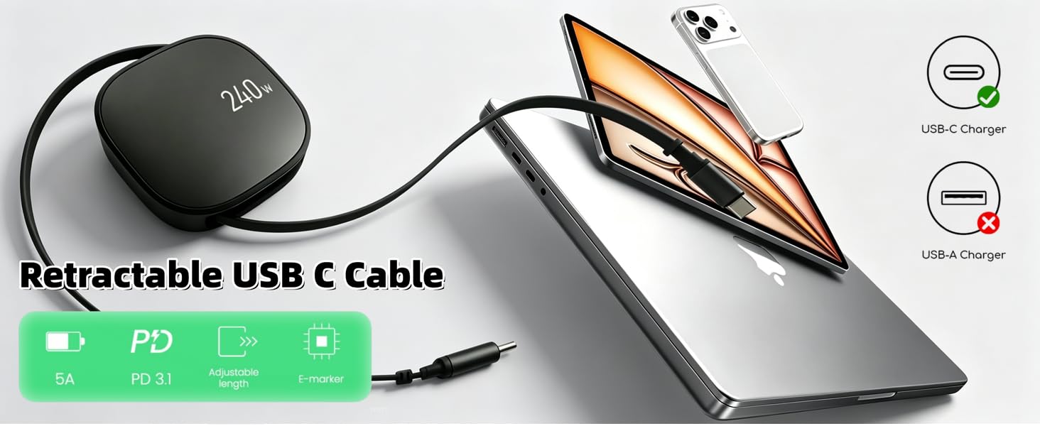 Retracttable USB C Cable 240W
