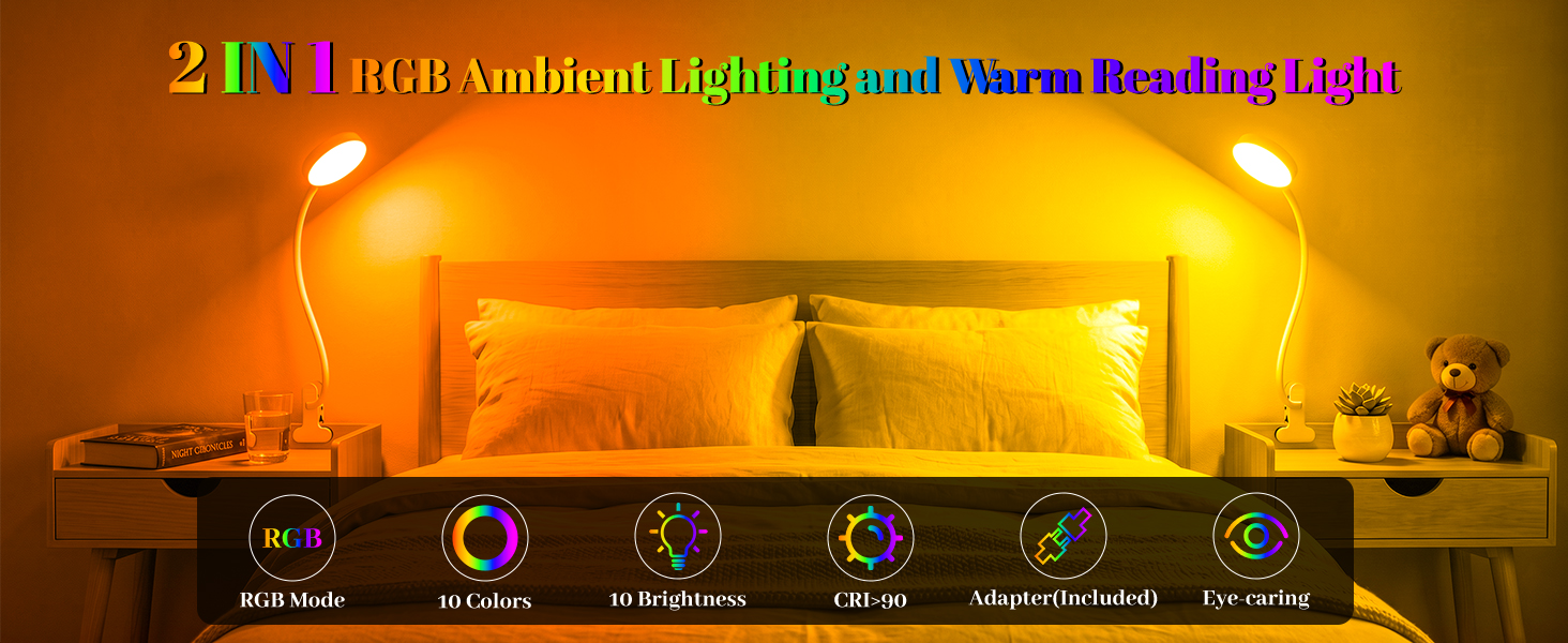 Clip on Lamp,10 RGB Colors+10 Brightness Clamp Light